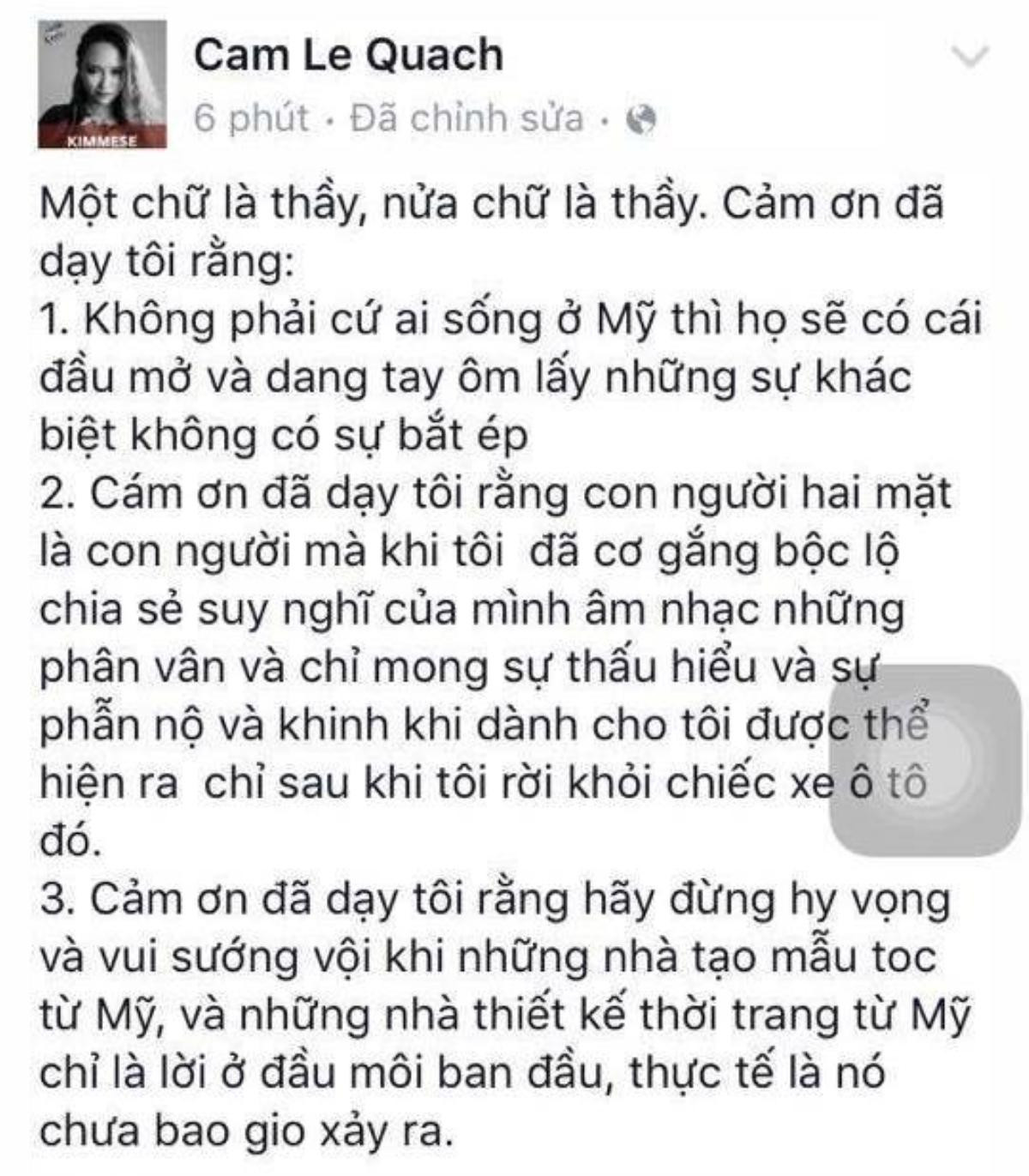 Một phần trạng thái lên án Thu Phương của Kimese trước đó. Nó đã được gỡ khỏi trang Facebook chỉ trong một thời gian ngắn. (Ảnh: FBNV)