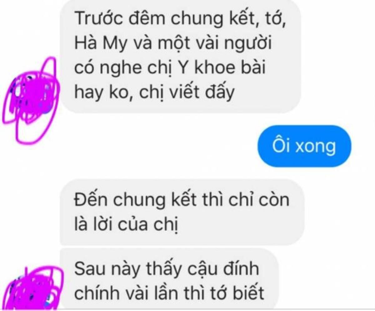 Hình ảnh về đoạn tin nhắn được Tăng Nhật Tuệ đính kèm nhằm chứng minh việc ca sĩ Hải Yến ''cướp công''.