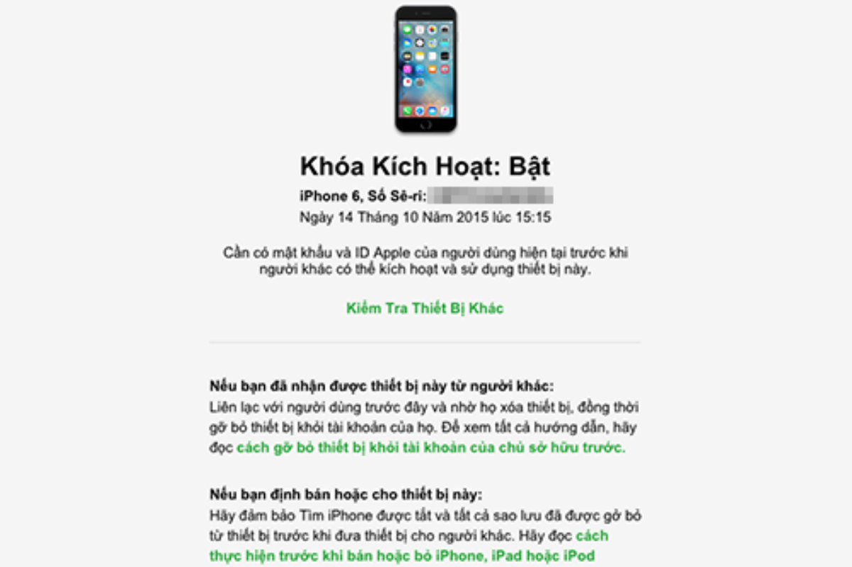 Trong hình kiểm tra, chiếc iPhone 6 đã đăng nhập iCloud và đang kích hoạt Find My iPhone. 