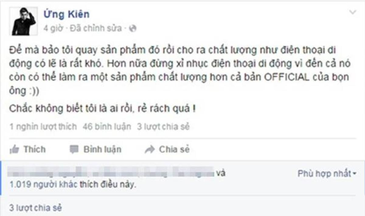 Đạo diễn Ứng Duy Kiên bức xúc khi Phan Mạnh Quỳnh chê MV của anh có chất lượng như quay bằng điện thoại di động.