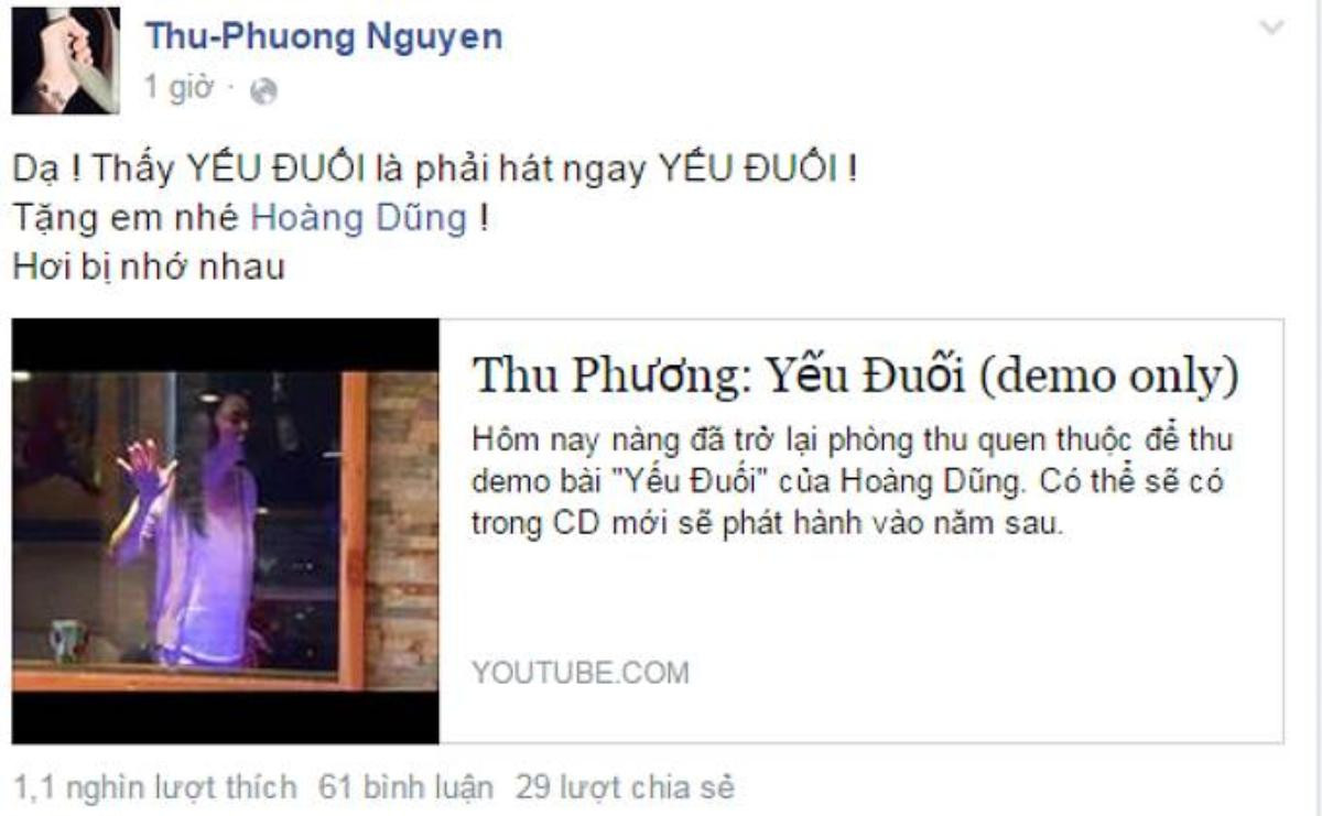 Thu Phương chia sẻ clip demo Yếu đuối trên trang cá nhân.