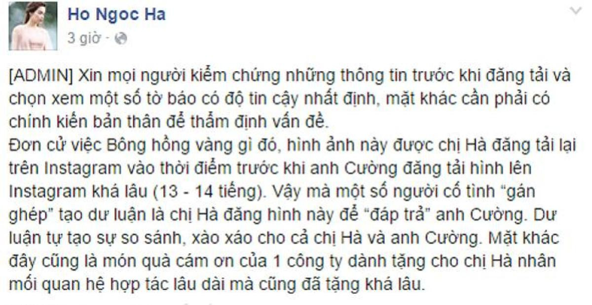 Người quản lý Fanpage Hồ Ngọc Hà đăng tải status để giúp cô giải oan.