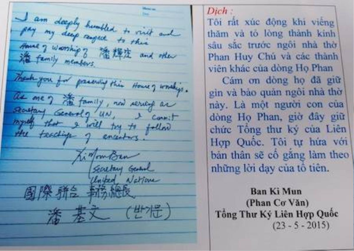 Bút tích của ông Ban Ki-moon và bản dịch mà ông Phan Huy Thành cùng cấp cho phóng viên Báo GĐ&XH. Ông ký tên Ban Ki Moon và chú thích tên mình là Phan Cơ Văn.