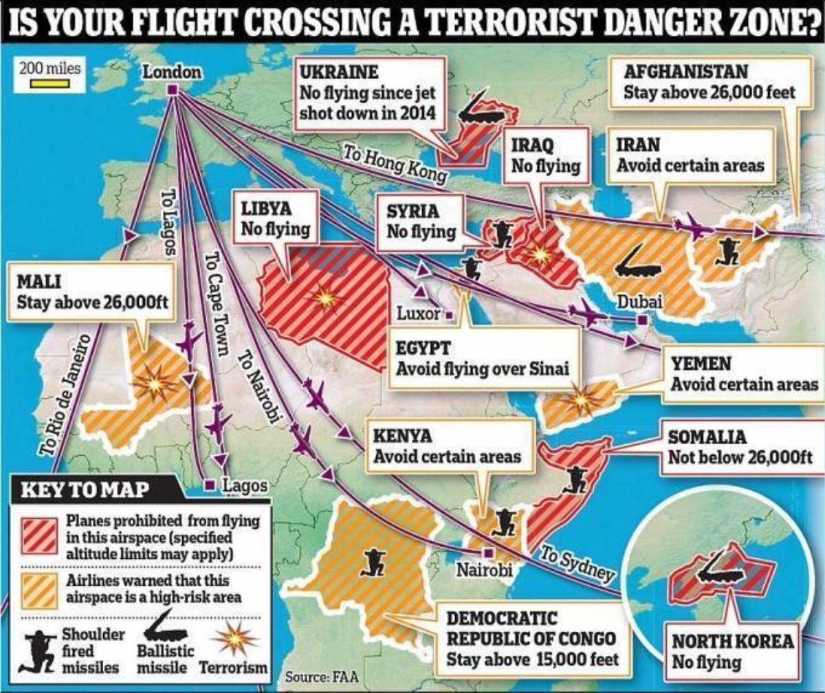 Lược đồ cấm bay, hạn chế bay qua các không phận nguy hiểm nhất trên thế giới mới được cục hàng không Anh và Mỹ công bố.