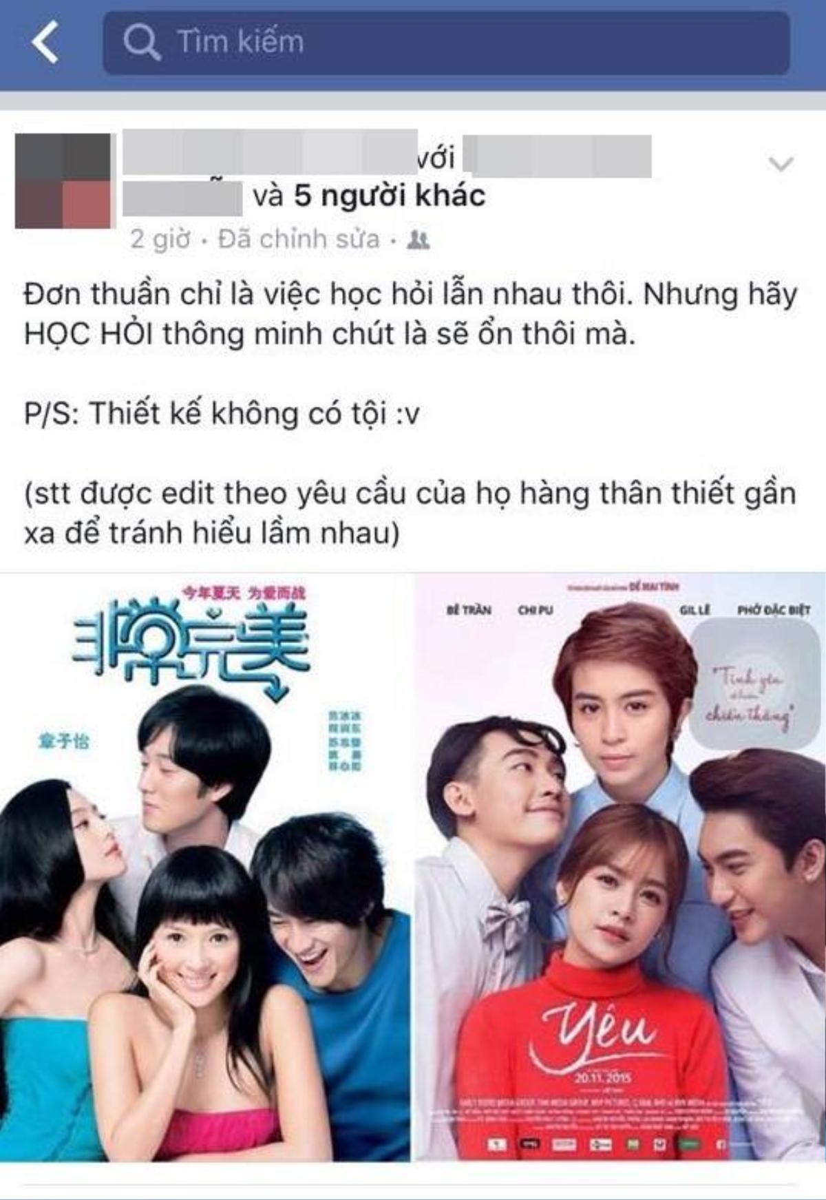 Bài đăng về nghi án đạo nhái poster "Yêu" của một facebooker.