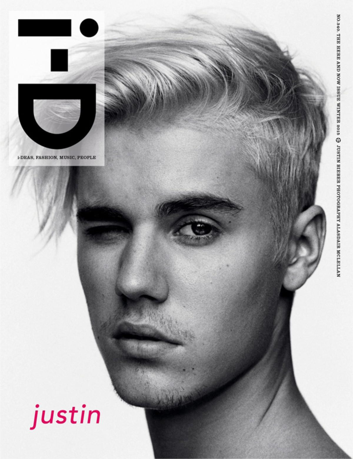 Tạp chí i-D số phát hành tháng 11/2015 giới thiệu ngôi sao trang bìa là Justin Bieber - ca sĩ có album mới Purpose phát hành hôm 13/11 (theo giờ địa phương). Ảnh bìa là gương mặt “hoàng tử nhạc pop” với mái tóc mới rẽ lệch, để râu ria, trưởng thành hơn với những đĩa nhạc trước đó. 