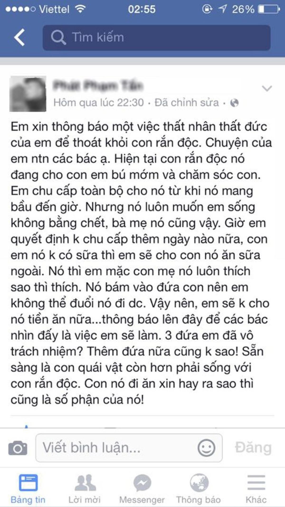 Status được ông bố đăng tải, trong đó có những lời lẽ không tốt nói về mẹ của em bé cũng như việc anh ta từng bỏ 3 đứa con khác.