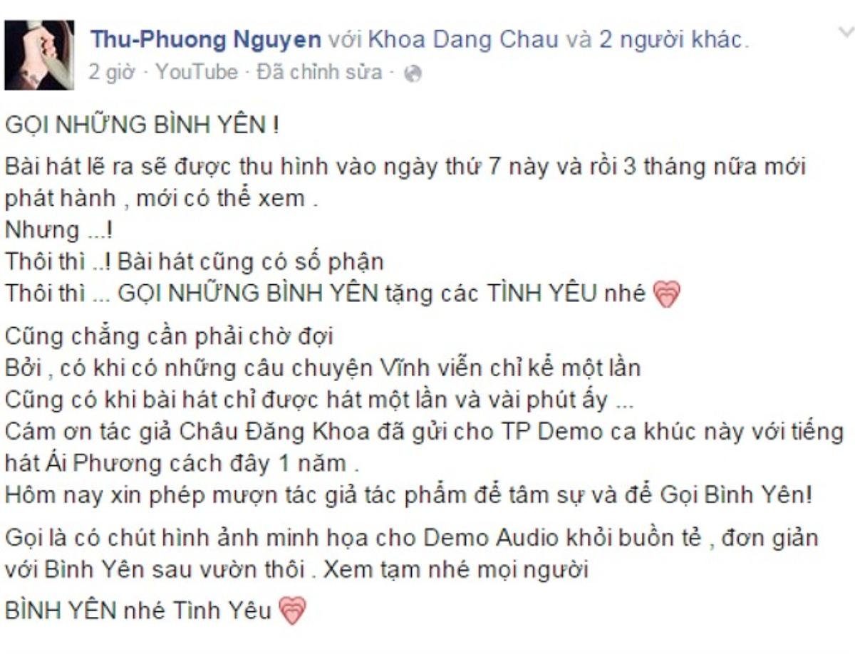 Status lấp lửng của Thu Phương.