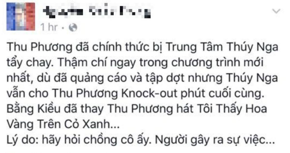 Status tiết lộ chuyện Thu Phương bị trung tâm Thúy Nga "cạch mặt".