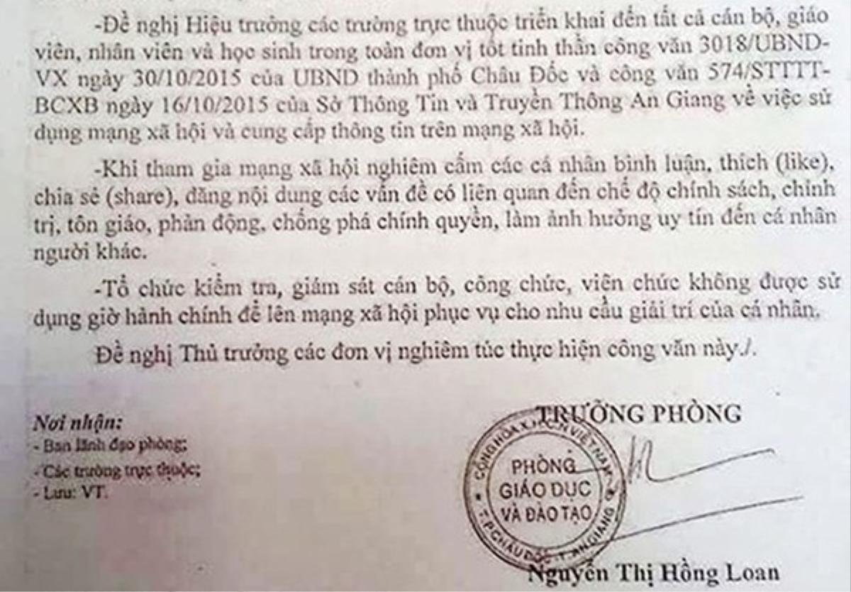 Công văn của Phòng Giáo dục và Đào tạo TP Châu Đốc, An Giang. Ảnh: CTV.