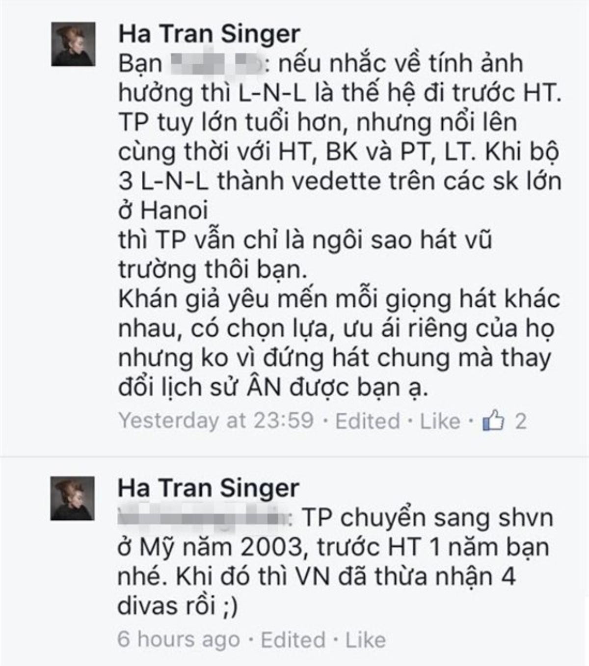 Những chia sẻ của diva Trần Thu Hà về vụ việc thông qua các bình luận.