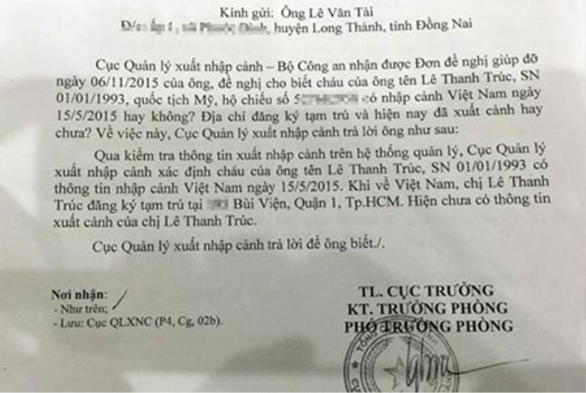 Công văn của Cục QLXNC phản hồi đơn đề nghị giúp đỡ của ông Tài. Cơ quan Quản lý XNC xác định Trúc có về Việt Nam và hiện (đến ngày 12/11) vẫn chưa có thông tin xuất cảnh.