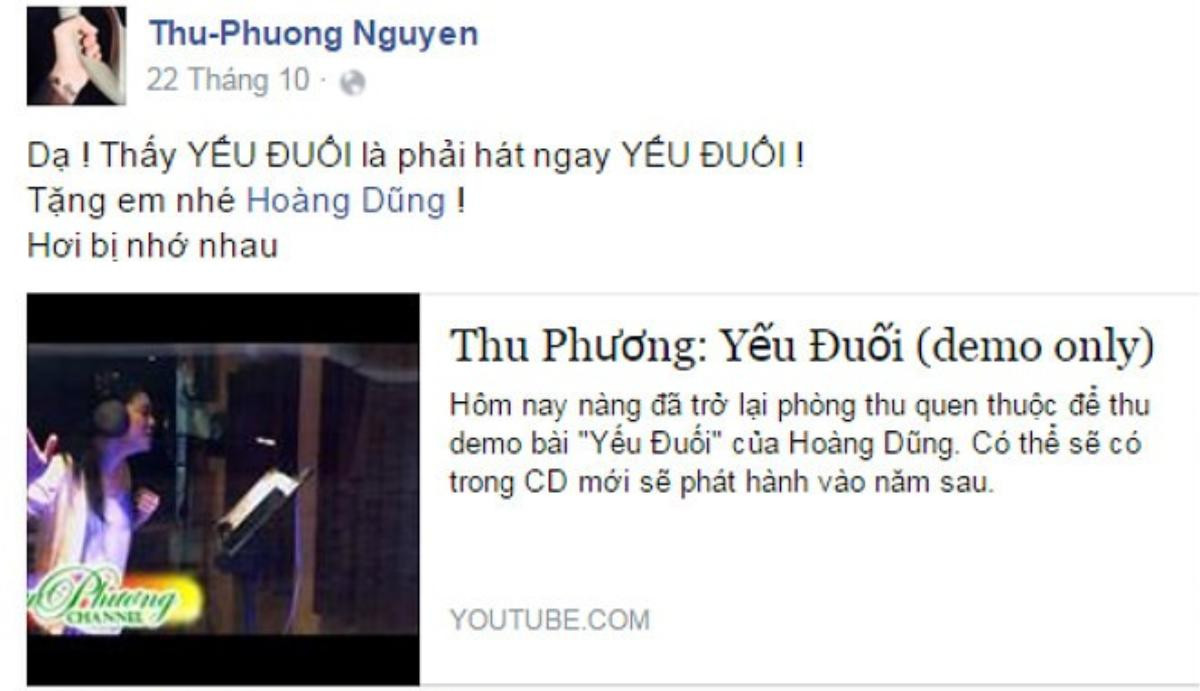 Thu Phương đăng tải status hát Yếu đuối tặng Hoàng Dũng 