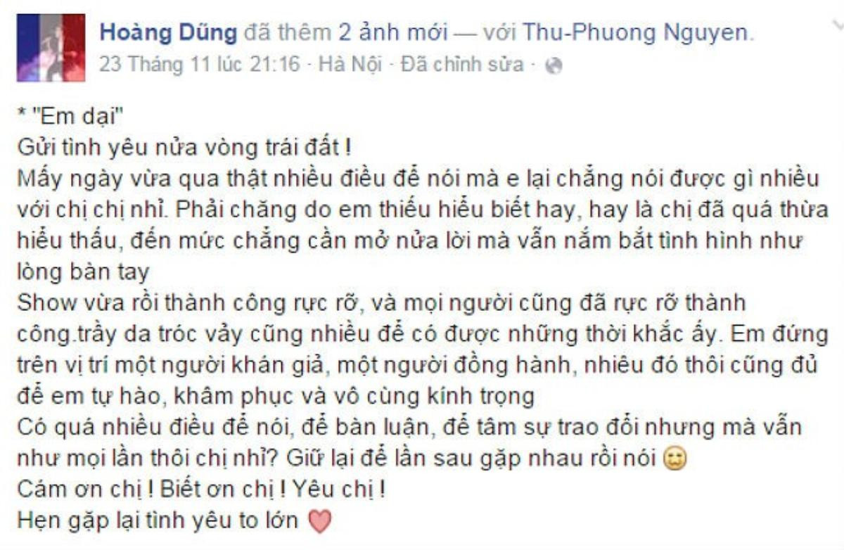 Hoàng Dũng an ủi Thu Phương trên trang Facebook riêng sau 3 đêm nhạc chung với bộ tứ diva. 