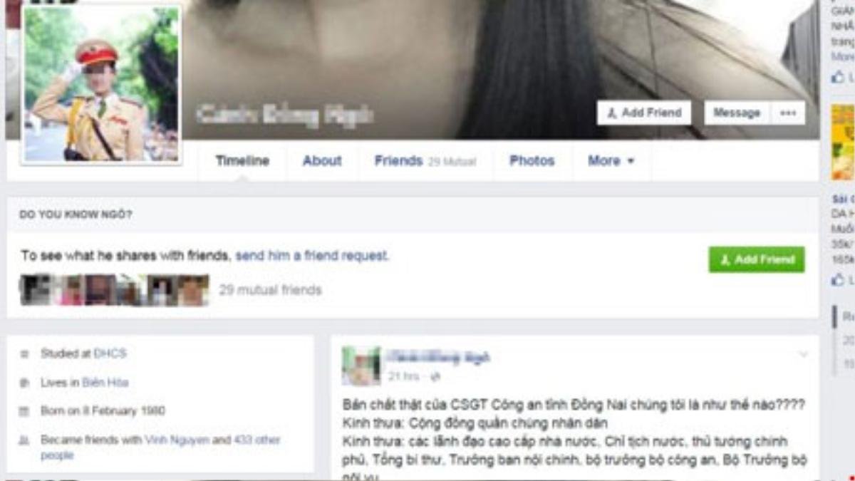 Ảnh chụp màn hình trang Facebook có bài viết “Bản chất thật của CSGT Công an tỉnh Đồng Nai chúng tôi là như thế nào????”