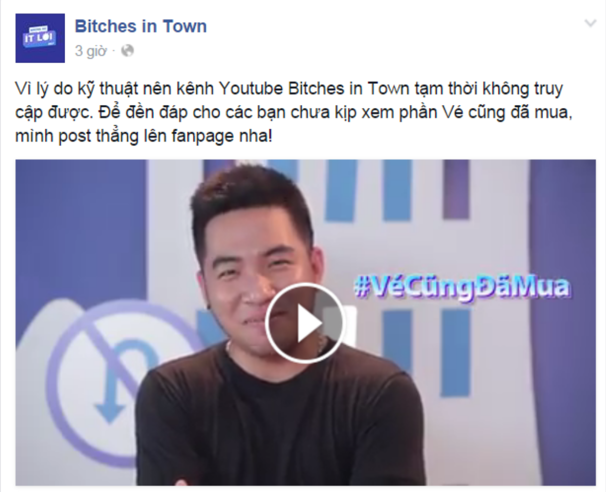 Vì lý do kỹ thuật nên kênh Youtube Bitches in Town tạm thời không truy cập được