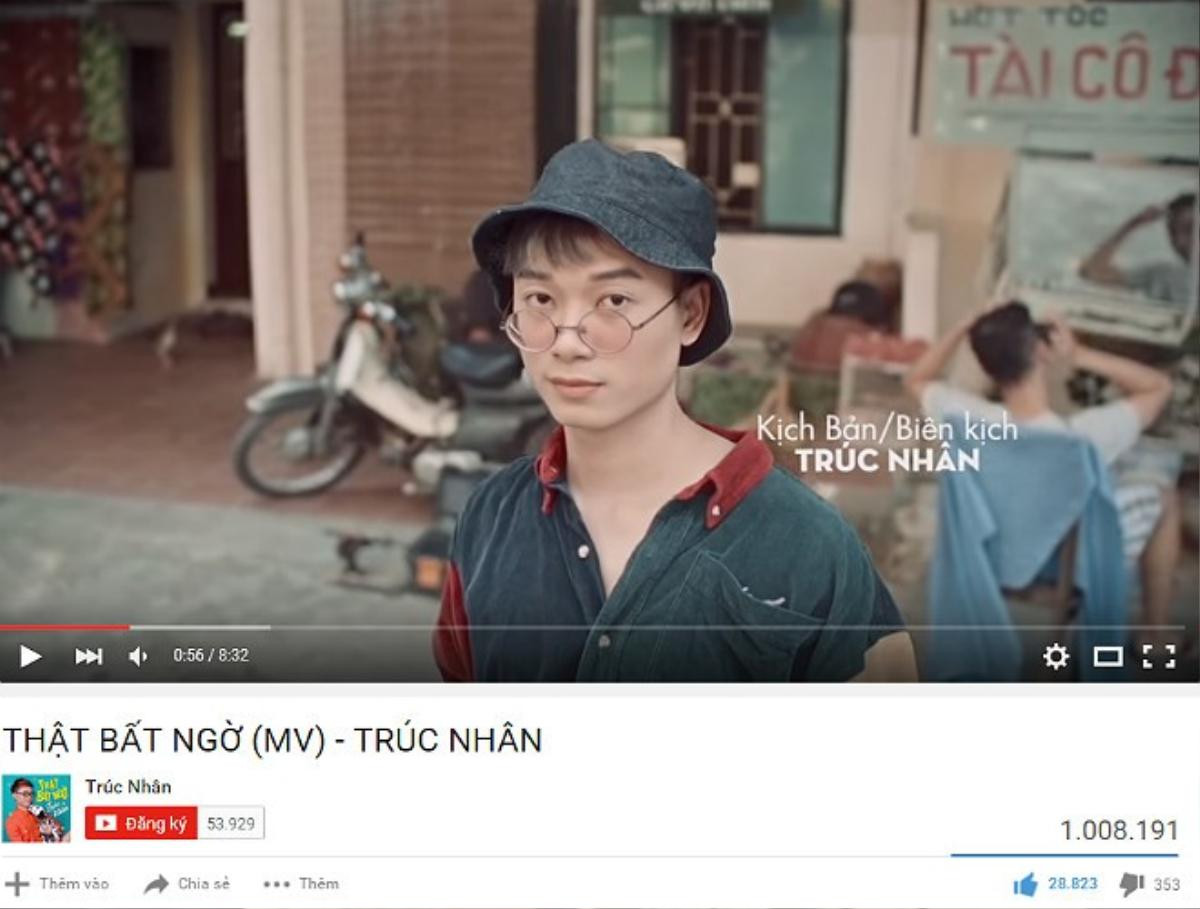 MV Thật bất ngờ của Trúc Nhân vừa cán mốc 1 triệu lượt nghe/xem.