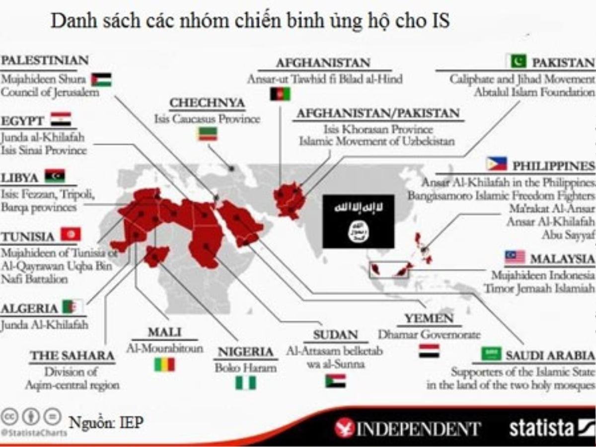 Địa điểm đóng quân của các nhóm chiến binh ủng hộ IS trên toàn thế giới. Đồ họa: Independent