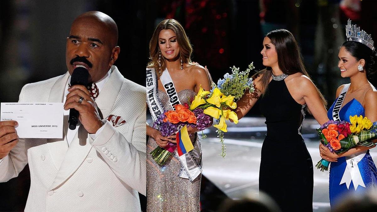 MC Steve Harvey công bố nhầm người đăng quang tại Hoa hậu Hoàn vũ thế giới 2015.