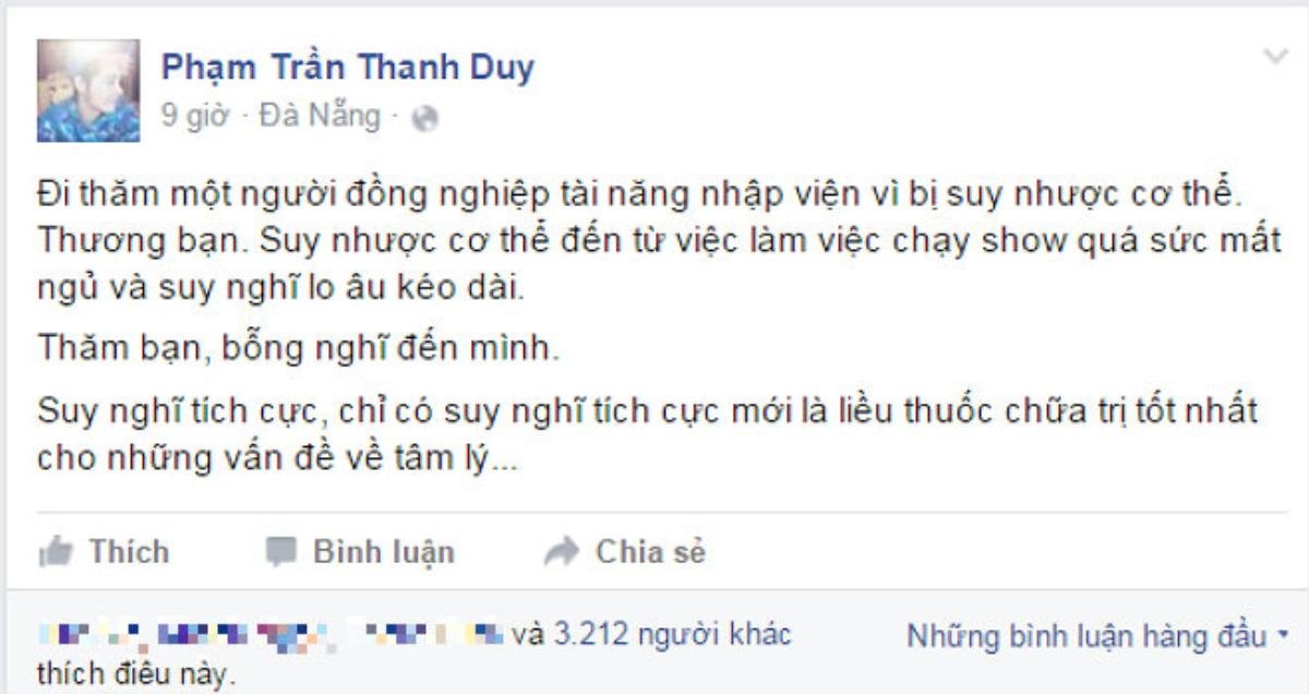 Status gây chú ý của ca sĩ Thanh Duy.