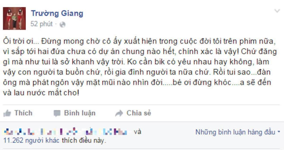 Status đính chính của Trường Giang trên trang Facebook riêng.