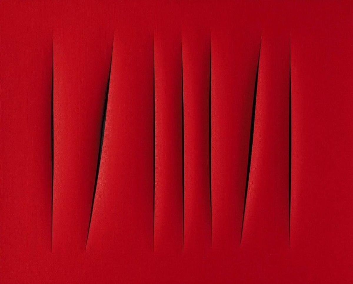 20th Century Italian Sale Sotheby's London - 15 October, 2007 Lucio Fontana (1899-1968) Concetto Spaziale, Attese signed, titled and inscribed Questo quadro a sette tagli... on the reverse waterpaint on canvas Executed in 1968. Estimate: £700,000 - £1,000,000