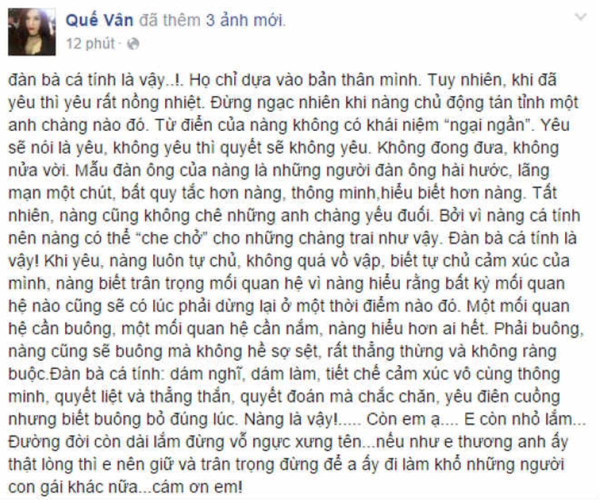 Status mới nhất của Quế Vân trên trang Facebook riêng. 