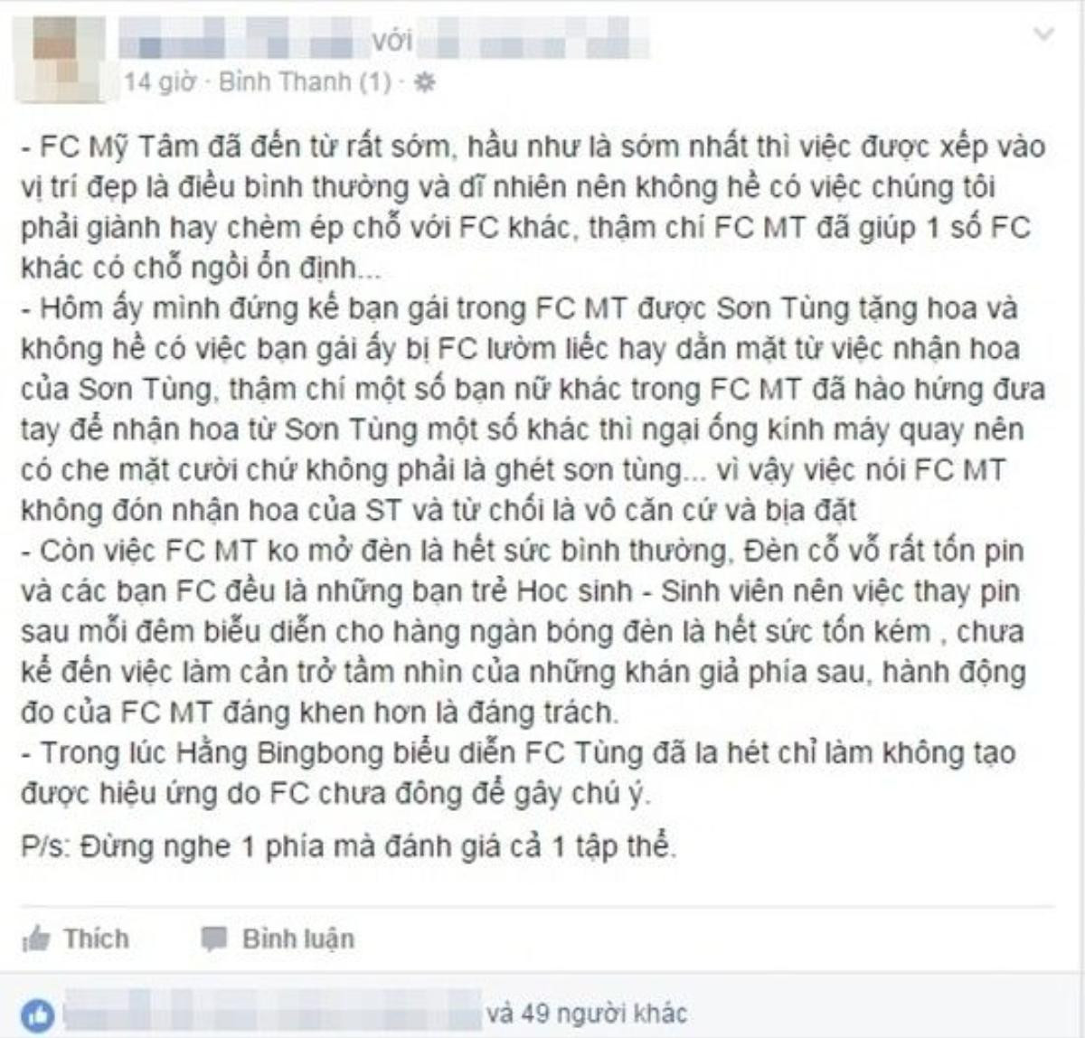 'Việc fan nữ nhận hoa của Sơn Tùng bị Fc Mỹ Tâm 'dằn mặt' là vô căn cứ và không có thật" - Thêm một chia sẻ từ 1 bạn trẻ có mặt tại đêm nhạc 6/3.