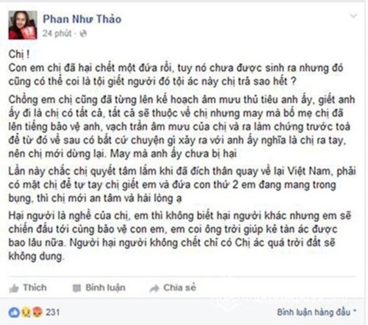 Phan Như Thảo tiếp tục công khai việc con và chồng bị hại trên trang cá nhân.