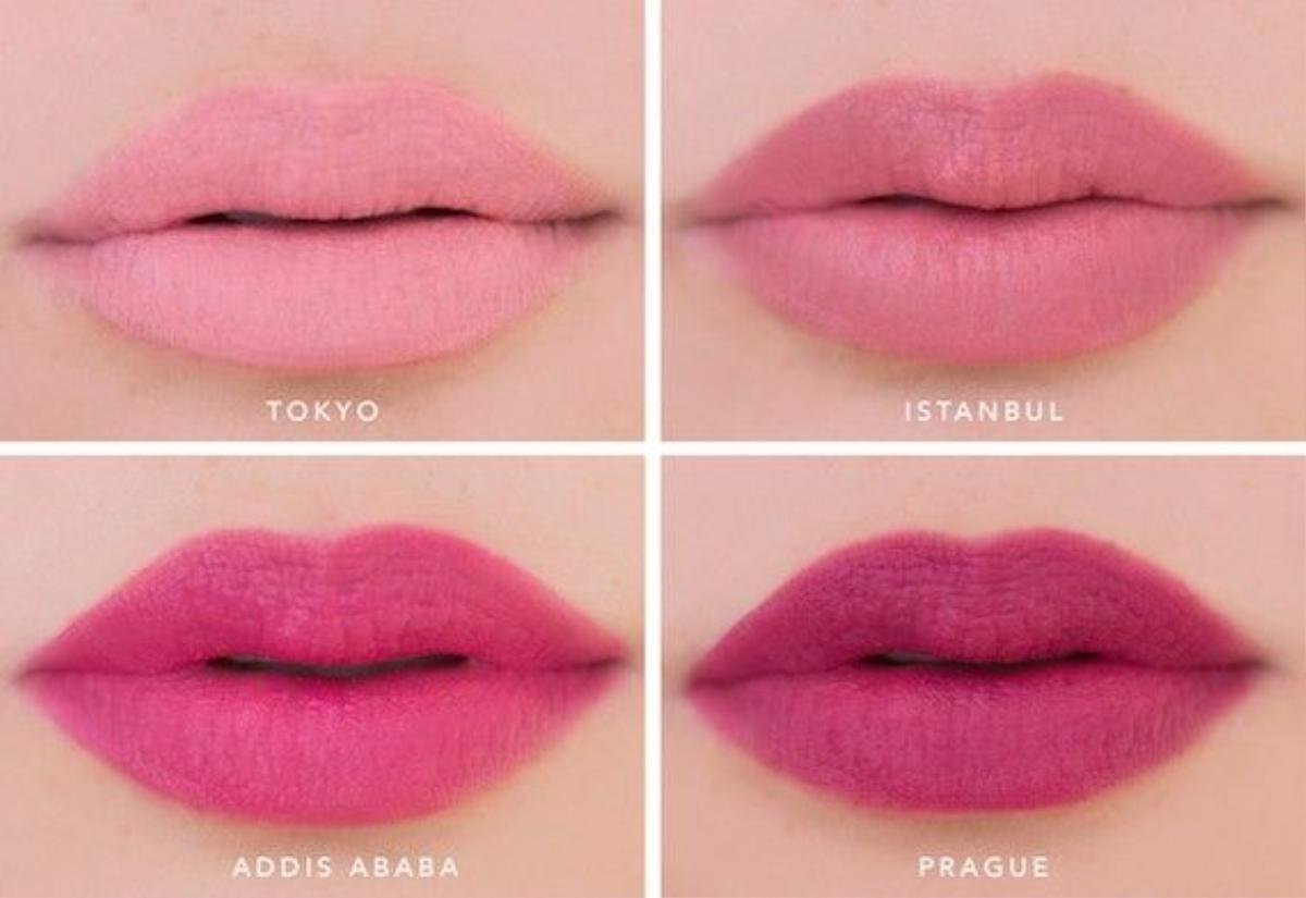 Cận cảnh các màu son Tokyo, Istanbul, Addis Ababa và Prague của NYX Soft Matte Lip Cream.