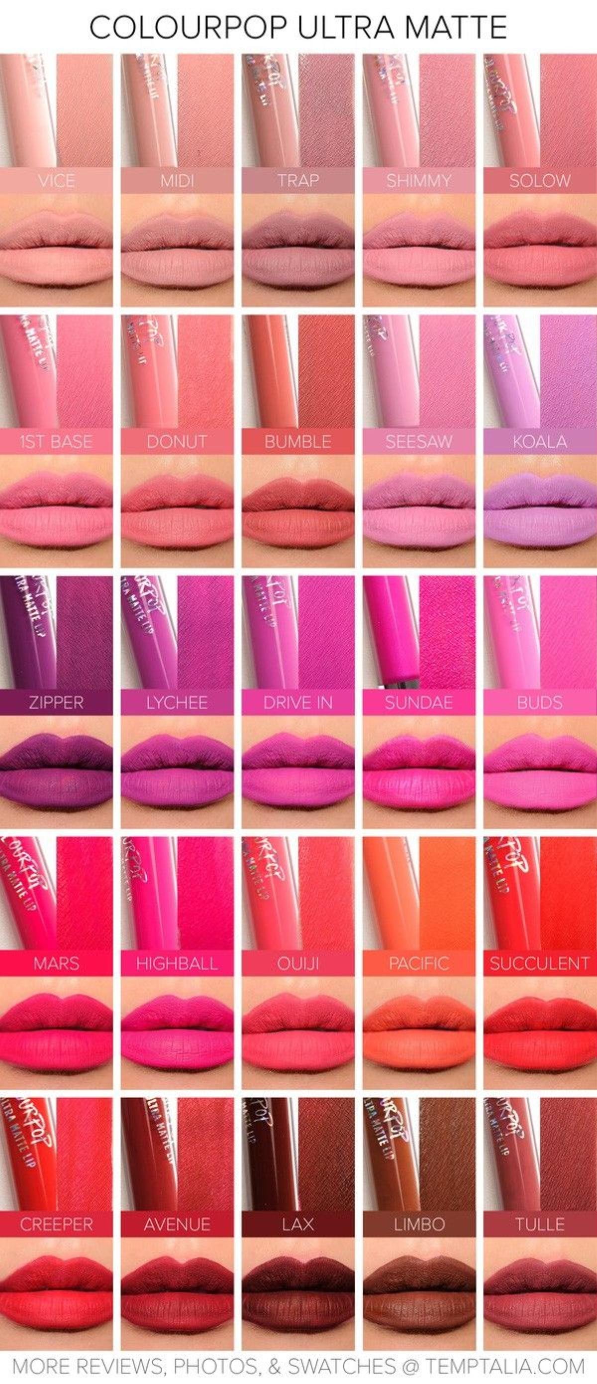  Bảng swatch một số màu son của Colourpop Ultra Matte Liquid. 