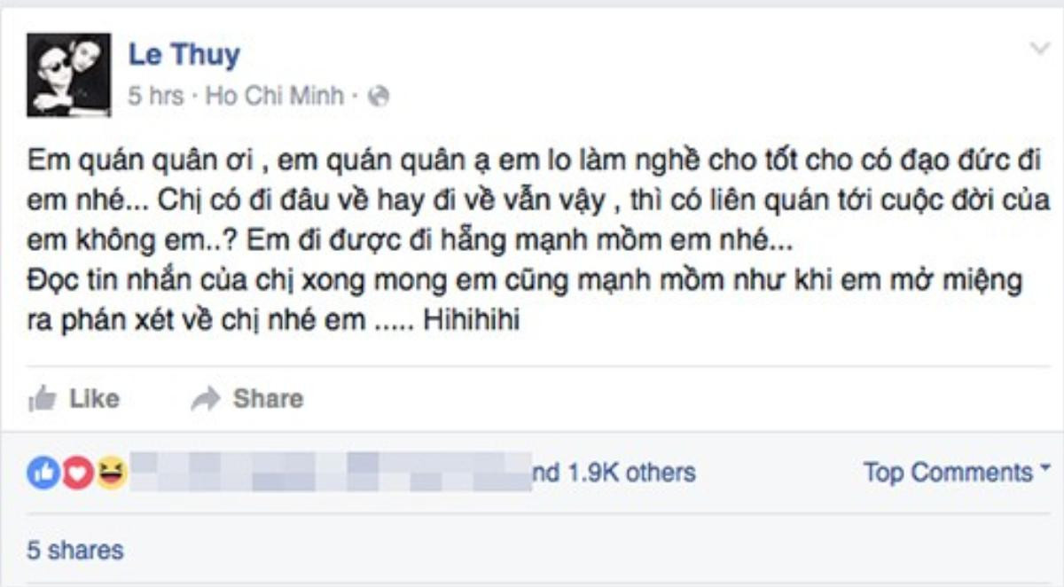 Lê Thúy đanh thép gửi lời nhắn nhủ tới đàn em Hương Ly.