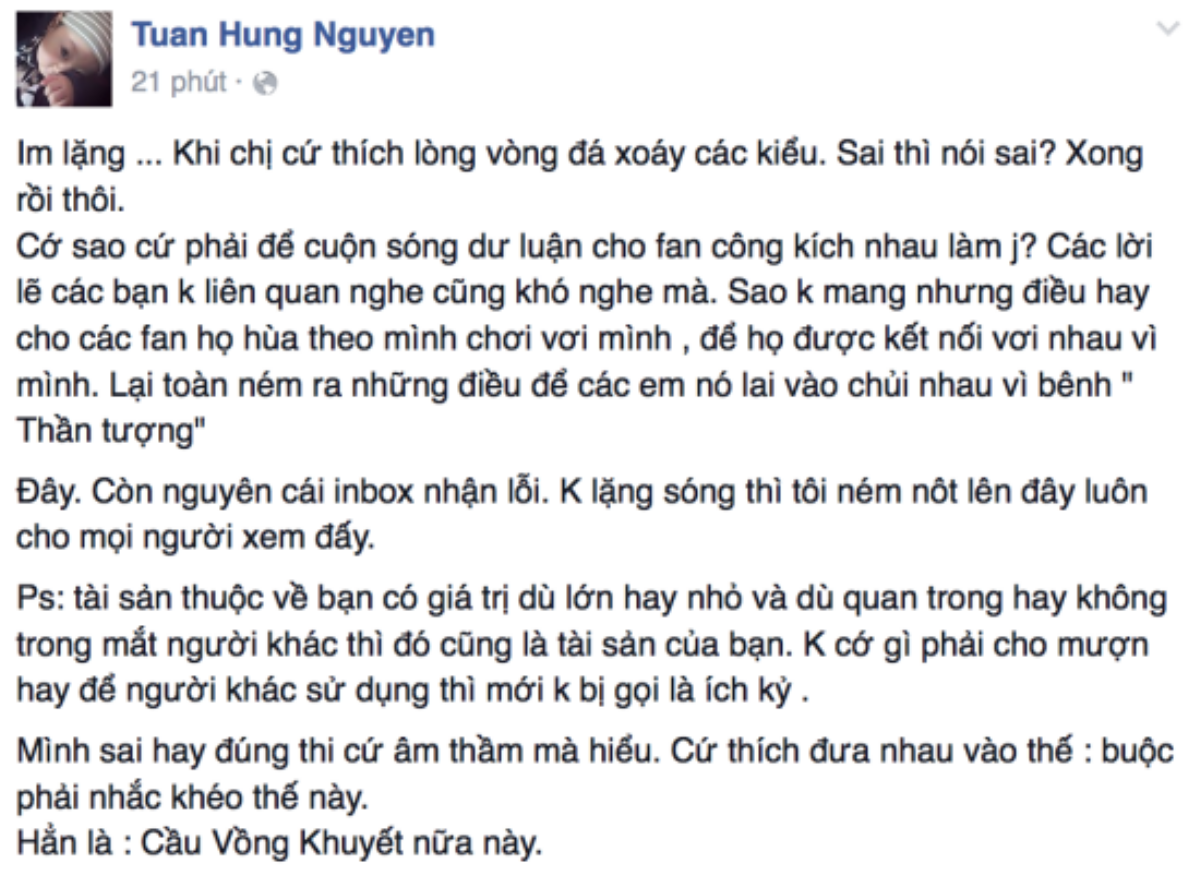 Dòng chia sẻ mới đây của Tuấn Hưng.