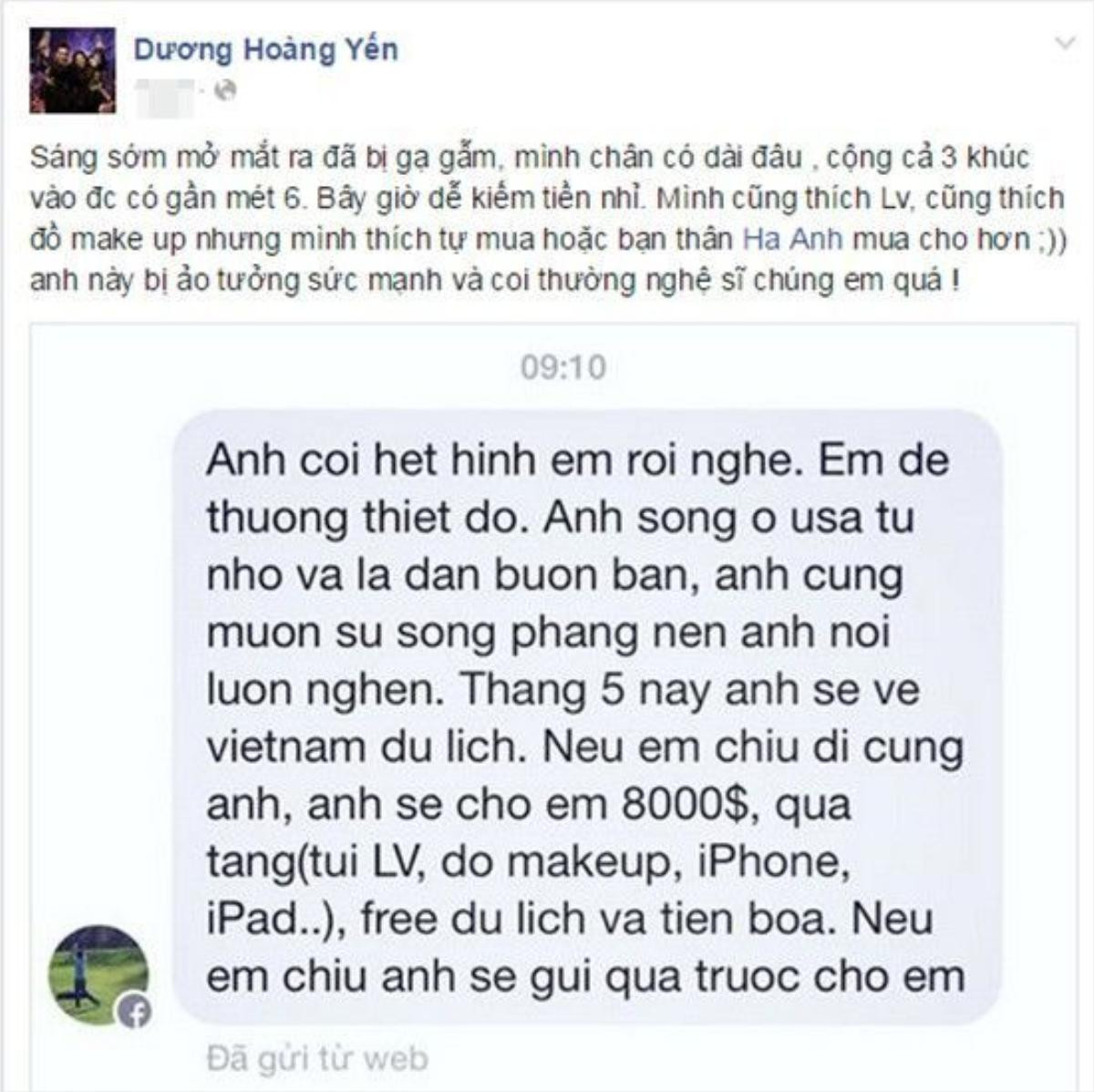 Ca sĩ Dương Hoàng Yến dở khóc dở cười trước lời gạ gẫm, dụ dỗ đi du lịch cùng và hứa trả 8.000 USD kèm theo quà tặng là túi LV, đồ makeup, iphone, ipad…