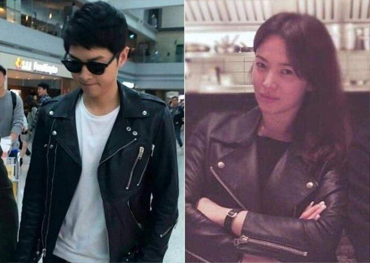 Trên đường sang Hồng Kông vào 4/4 vừa qua, Song Joong Ki đã diện một chiếc jacket da rất cool ngầu. Không biết do "vô tình hay hữu ý" mà một ngày sau đó, Song Hye Kyo đã đăng tải bức ảnh mình diện chiếc jacket tương tự lên Instagram.