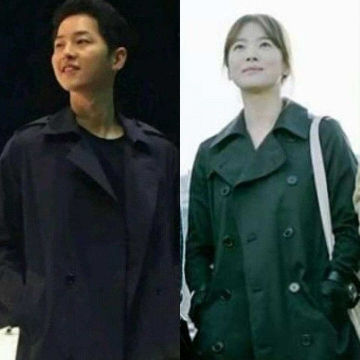 Trong "Hậu Duệ Mặt Trời", Song Hye Kyo từng diện một chiếc trench coat màu xanh navy và trùng hợp là Song Joong Ki cũng diện chiếc trench coat na ná như vậy khi về quê dự đám cưới bạn thân hồi đầu tháng 3 vừa qua.