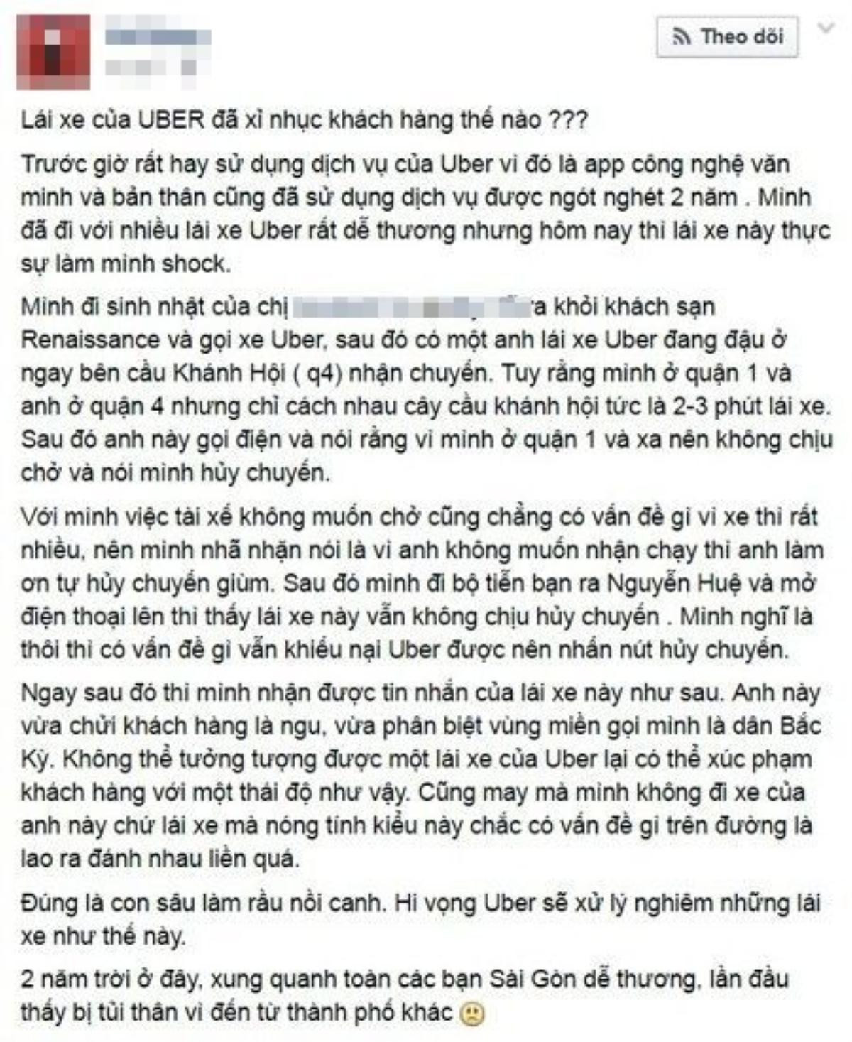 Chia sẻ của anh V.Đ trên mạng xã hội về việc tài xế Uber có thái độ phục vụ không đúng.