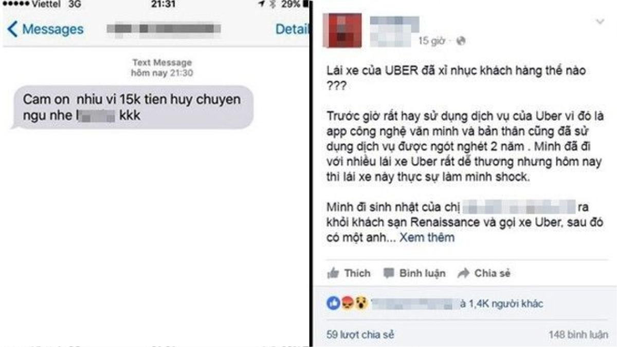 Chia sẻ của anh V.Đ trên mạng xã hội về việc tài xế Uber có thái độ phục vụ không đúng.