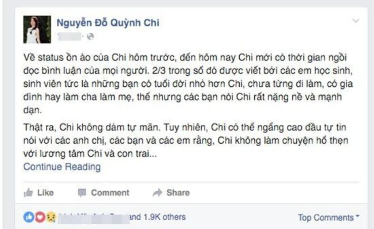 Quỳnh Chi chia sẻ dòng trạng thái mới nhất trên Facebook cá nhân.