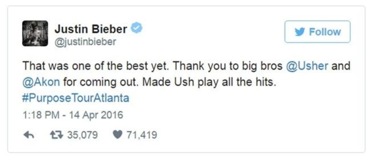 Justin cũng tweet cảm ơn Akon và Usher.