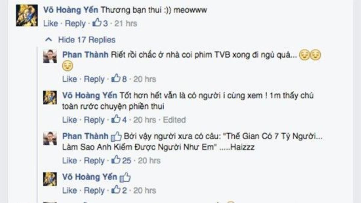 Phan Thành không quên trả lời bình luận của Hoàng Yến: "Riết rồi chắc ở nhà coi phim TVB xong đi ngủ quá".