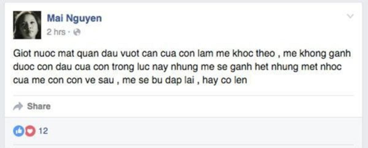 Trên trang cá nhân của mẹ Phương Vy cũng không giấu nổi niềm vui khi cháu ngoại vừa chào đời. "Giot nuoc mat quan dau vuot can cua con lam me khoc theo , me khong ganh duoc con dau cua con trong luc nay nhung me se ganh het nhung met nhoc cua me con con ve sau , me se bu dap lai , hay co len" - Bà viết.