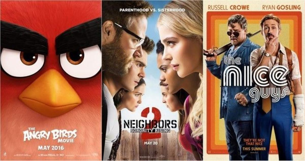 The Angry Birds Movie, Neighbors 2: Sorority Rising và The Nice Guys đều là những cái tên đáng gờm tại phòng vé Bắc Mỹ cuối tuần này. Ảnh: Outnow