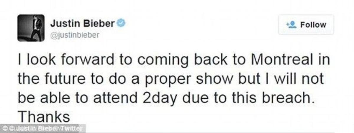 “Tôi rất trông chờ được quay lại Montreal và có một buổi diễn thật sự nhưng ở sự kiện 2 ngày này thì tôi không thể tham gia vì sự vi phạm hợp đồng trên.” 