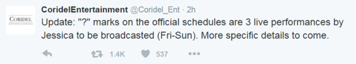 Thông báo từ Coridel Ent, tạm dịch: Lịch trình chính thức sẽ là 3 buổi biểu diễn trực tiếp của Jessica (Thứ 6 - chủ nhật). Chi tiết cụ thể sẽ được thông báo sau.
