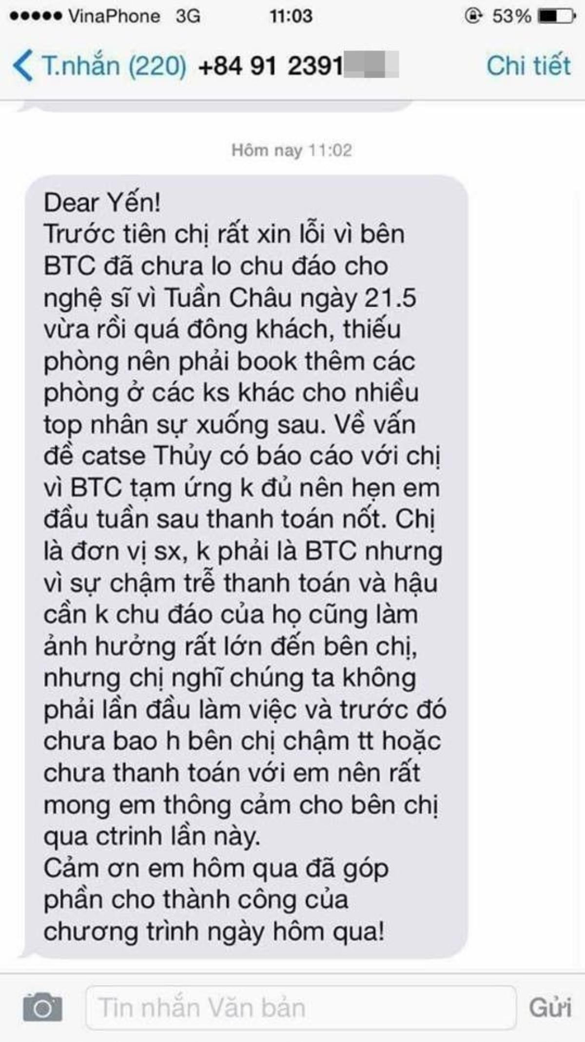 Tin nhắn của đại diện BTC gửi Dương Hoàng Yến