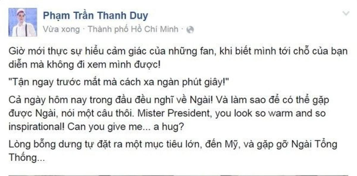 Thanh Duy hào hứng chia sẻ bức ảnh ăn bún chả của Tổng thống Obama.