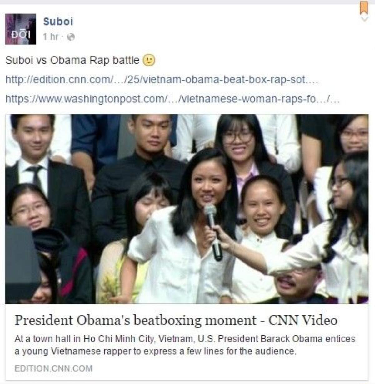 Suboi gọi đây là 'rap battle' vì trước đó, ông Obama đã thể hiện một đoạn beatbox vài giây để mời Suboi cùng tham gia.