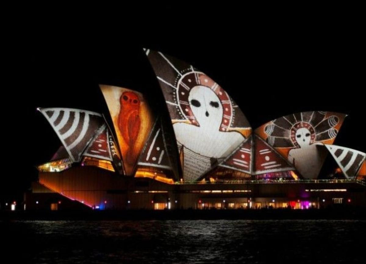 An indigenous Australian design is projected onto the sails of the Sydney Opera House during the opening night of the annual Vivid Sydney light festival in Sydney, Australia May 27, 2016. REUTERS/Jason Reed - RTX2EHN7