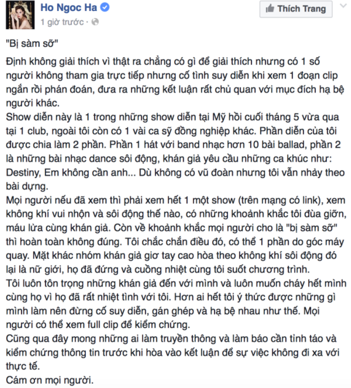 Những dòng chia sẻ thẳng thắn và gay gắt của Hồ Ngọc Hà với thị phi mới.